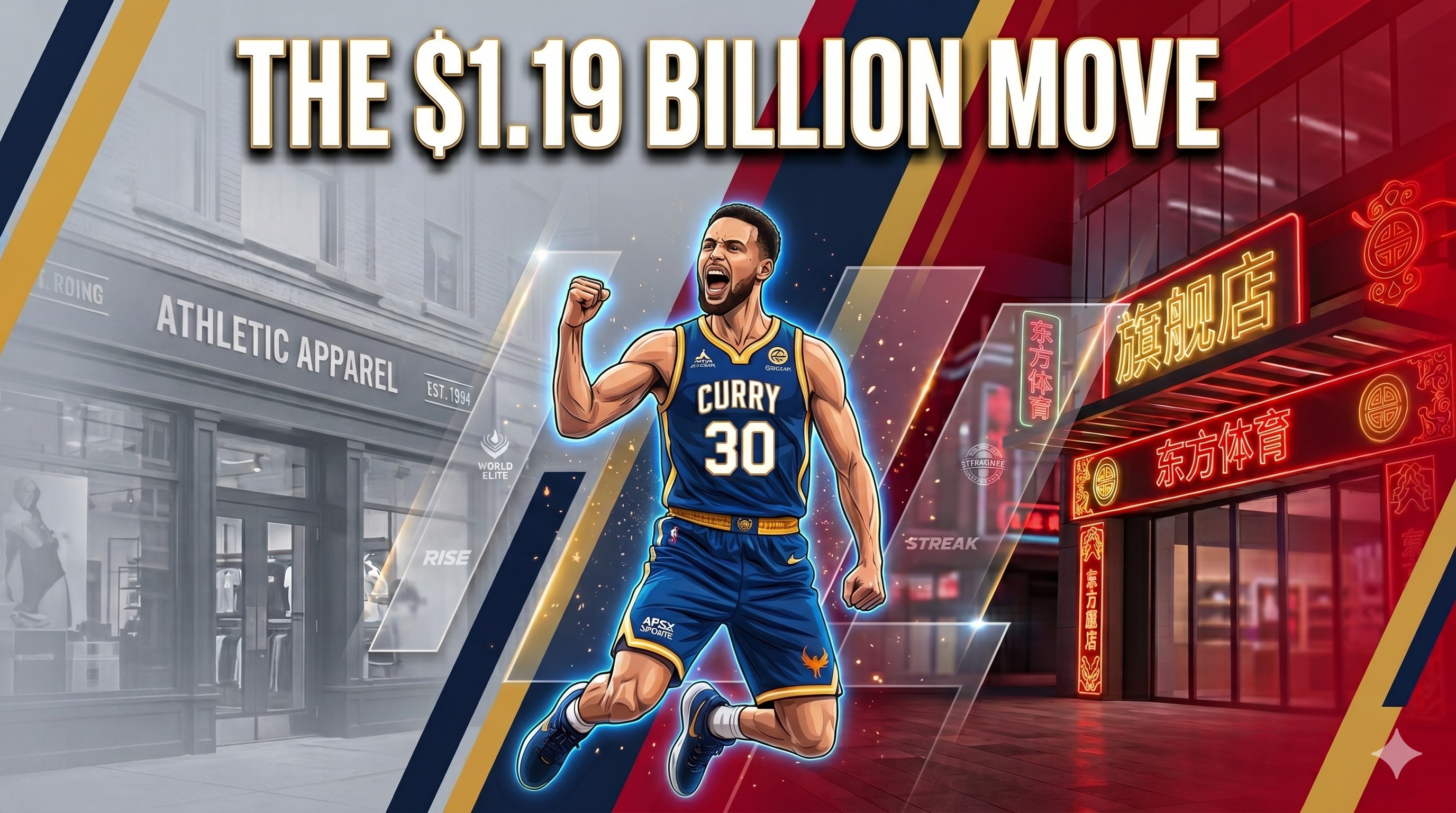 Stylized sports graphic of an NBA guard mid-celebration between a faded American athletic storefront and a vibrant Chinese flagship store, with headline THE $1.19 BILLION MOVE